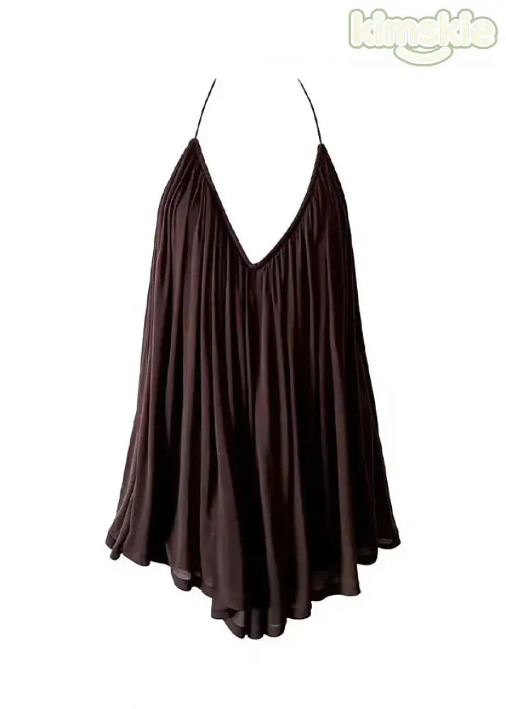 French Coffee V Neck Wrinkled Chiffon Spaghetti Strap Top Sleeveless - S(Fit for EU 38-40, US 6-8, UK/AU 10-12, IT