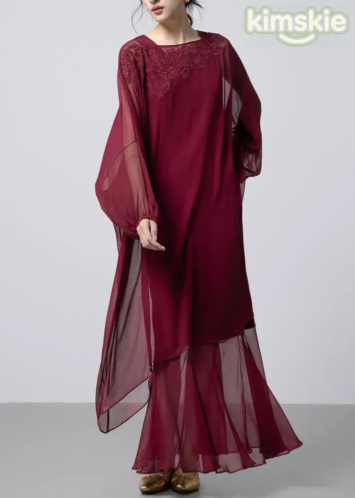 French Mulberry Embroidered Silk Two Pieces Set Fall
