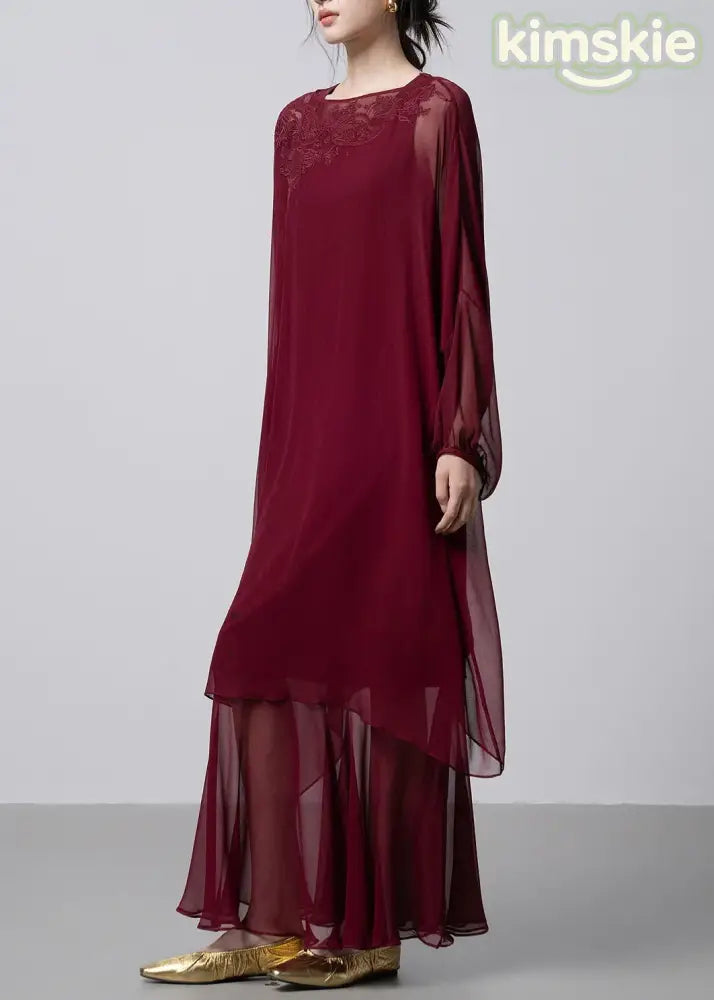 French Mulberry Embroidered Silk Two Pieces Set Fall