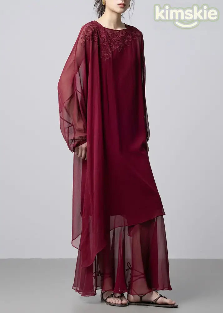 French Mulberry Embroidered Silk Two Pieces Set Fall