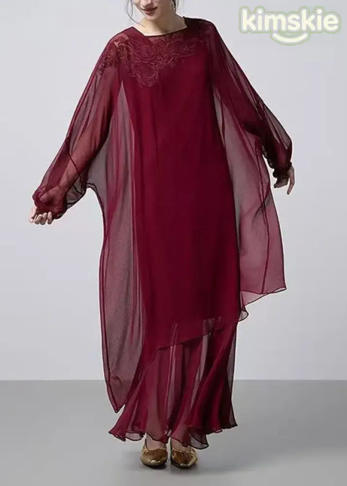 French Mulberry Embroidered Silk Two Pieces Set Fall