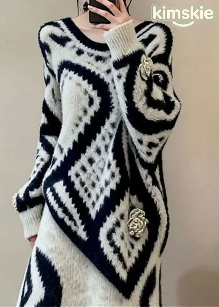 French O Neck Print Sweaters Top And Skirts Knit Two-Piece Set Fall