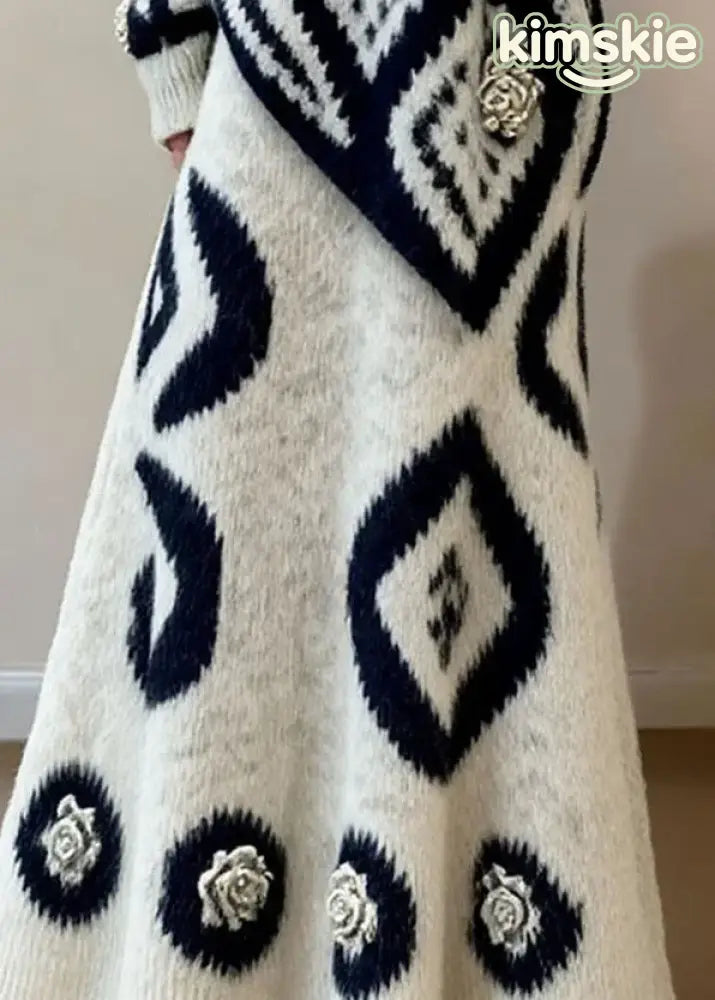 French O Neck Print Sweaters Top And Skirts Knit Two-Piece Set Fall
