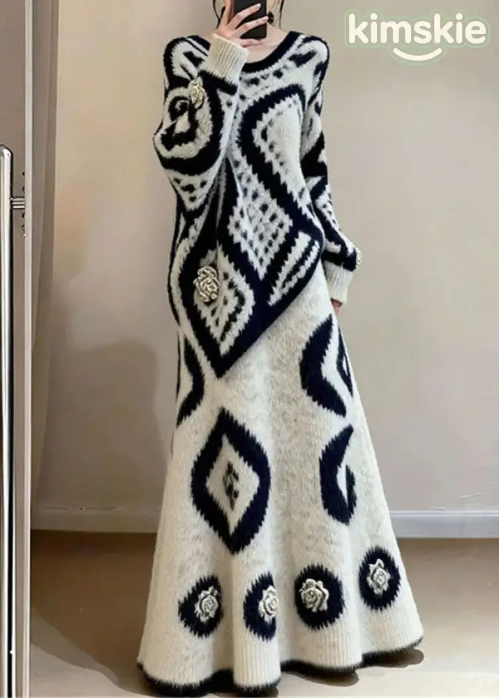 French O Neck Print Sweaters Top And Skirts Knit Two-Piece Set Fall