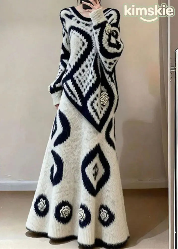 French O Neck Print Sweaters Top And Skirts Knit Two-Piece Set Fall