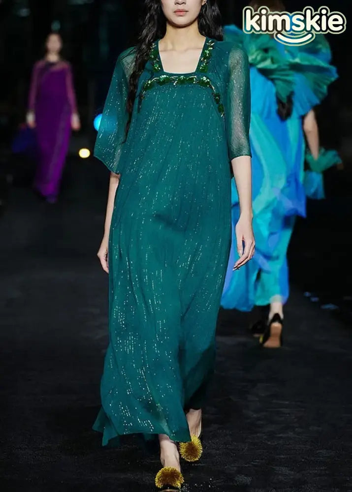 French Peacock Blue Square Collar Embroidered Silk Long Dress Set Summer
