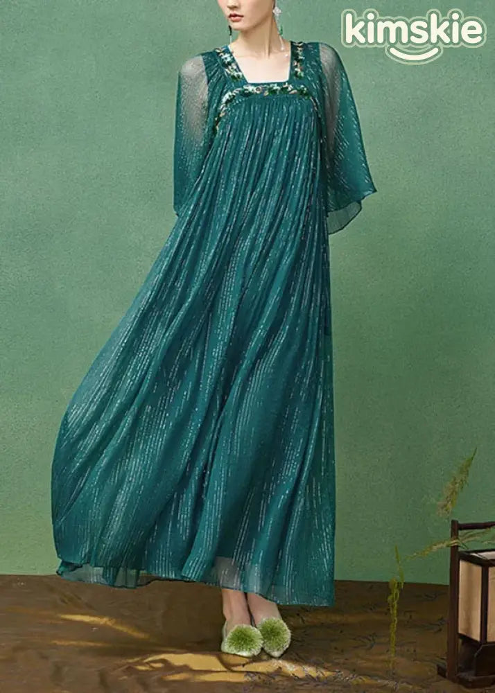 French Peacock Blue Square Collar Embroidered Silk Long Dress Set Summer