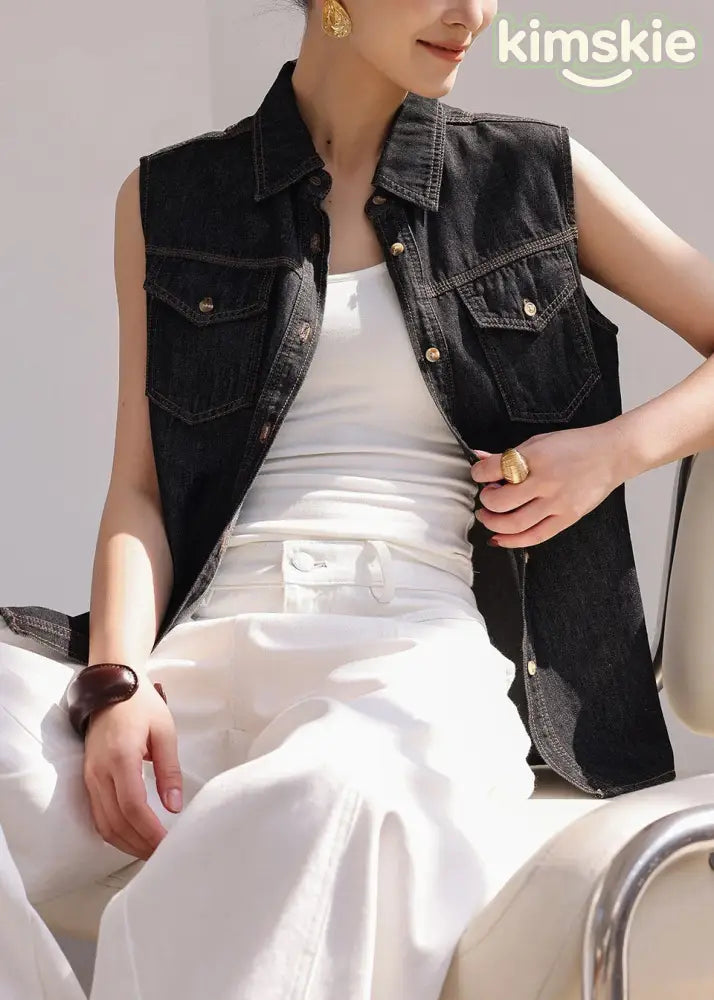 French Peter Pan Collar Vest Top And Shorts Denim Two Pieces Set Sleeveless