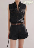 French Peter Pan Collar Vest Top And Shorts Denim Two Pieces Set Sleeveless