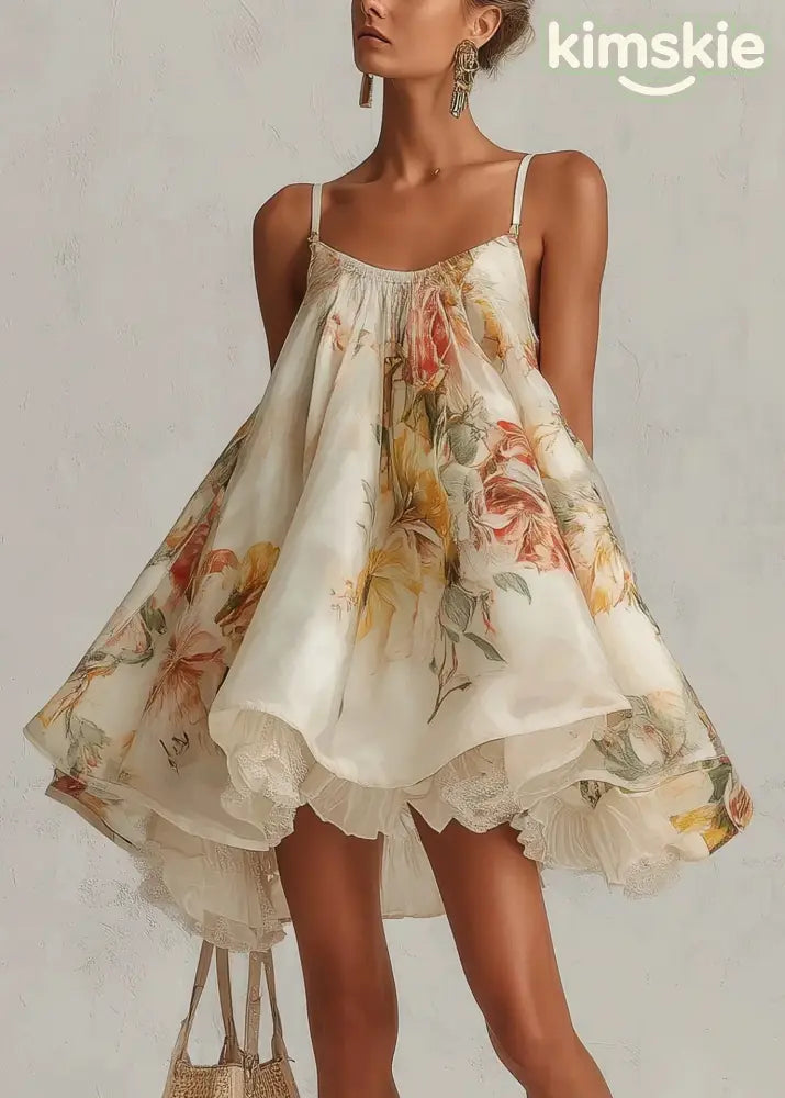 French Print Lace Chiffon Spaghetti Strap Dress Summer