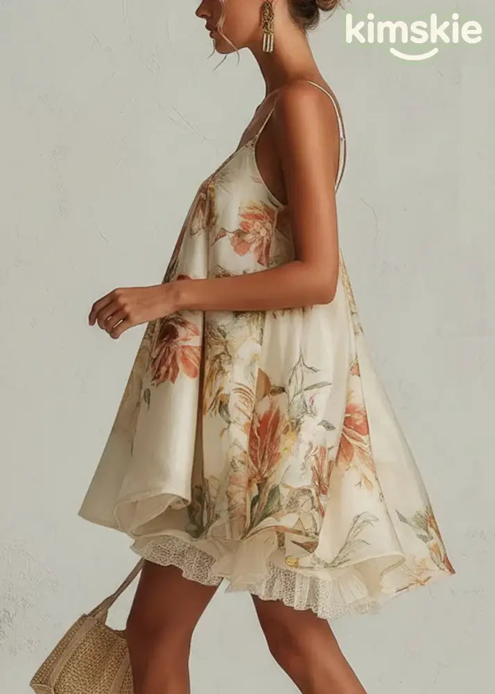 French Print Lace Chiffon Spaghetti Strap Dress Summer
