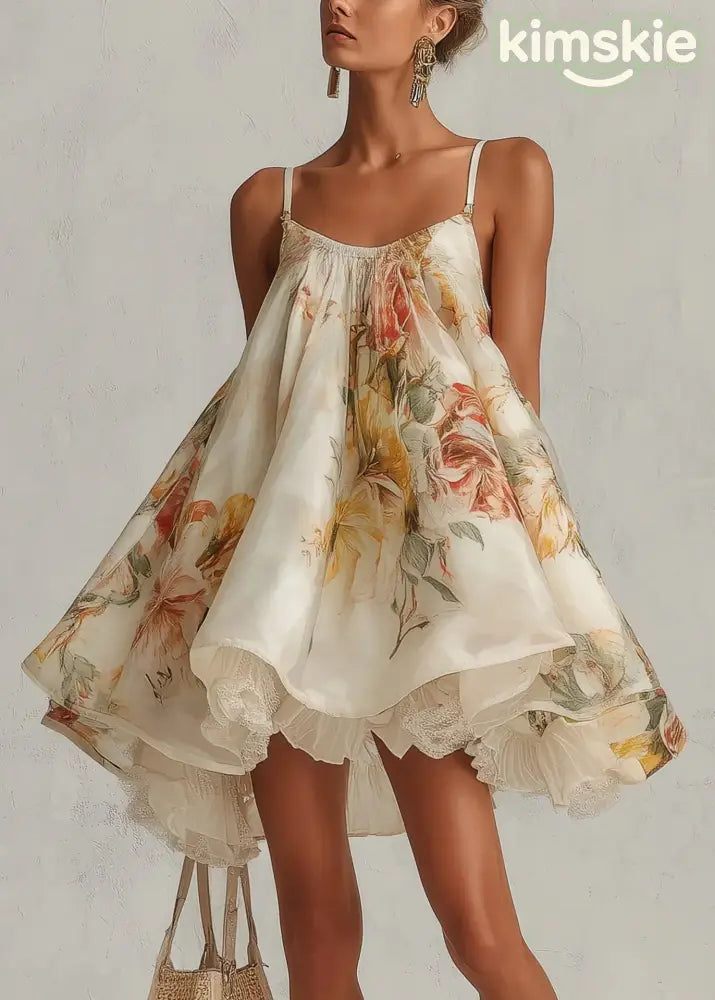 French Print Lace Chiffon Spaghetti Strap Dress Summer