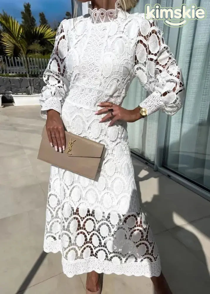 French Rose Stand Collar Puff Sleeve Lace Dress