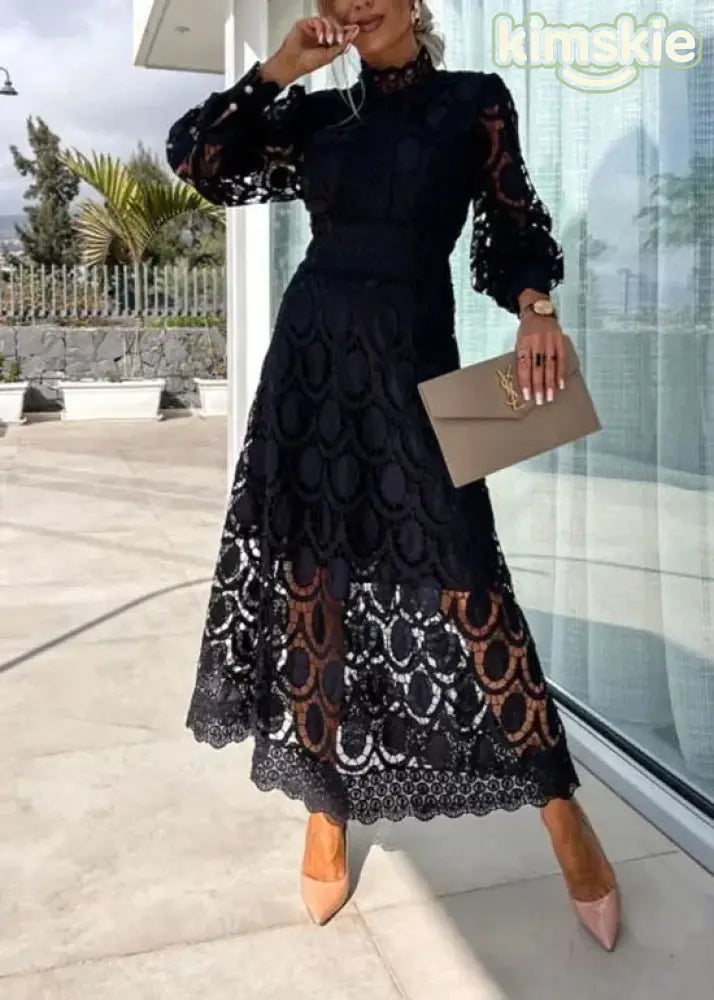 French Rose Stand Collar Puff Sleeve Lace Dress