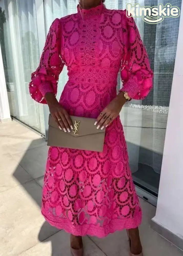 French Rose Stand Collar Puff Sleeve Lace Dress