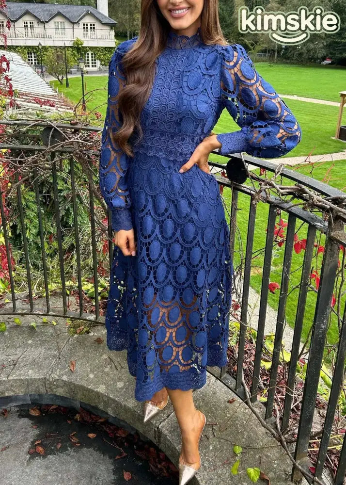 French Rose Stand Collar Puff Sleeve Lace Dress