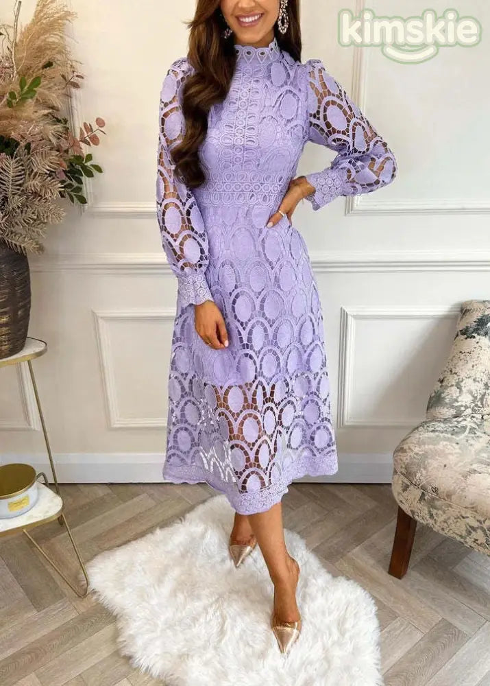 French Rose Stand Collar Puff Sleeve Lace Dress