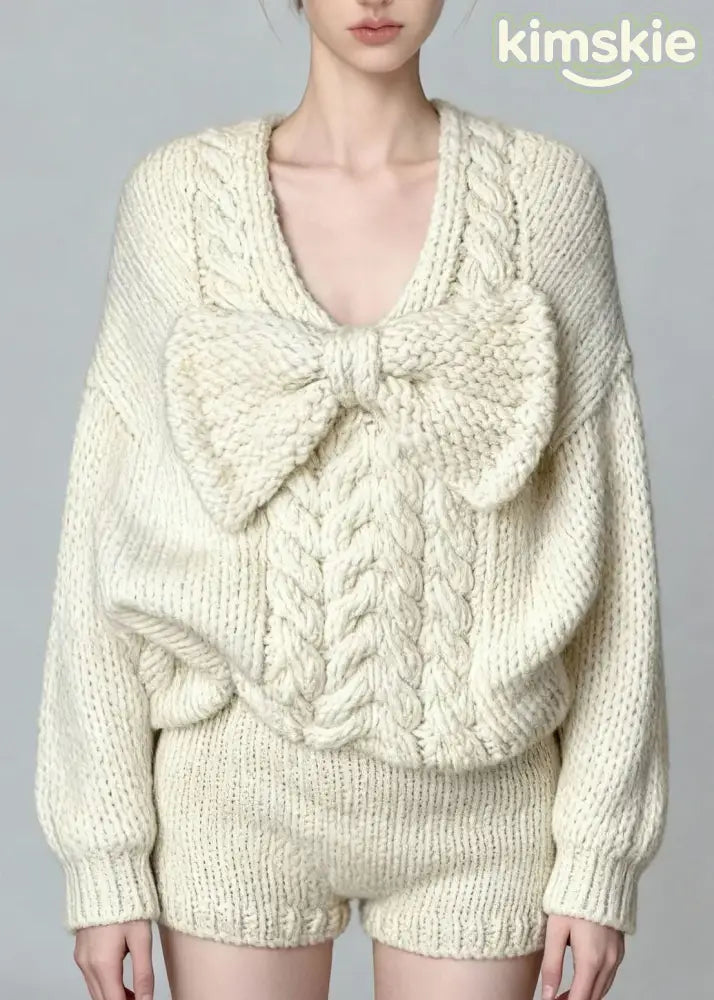 French White O Neck Bow Sweaters And Shorts Knit Two Pieces Set Fall