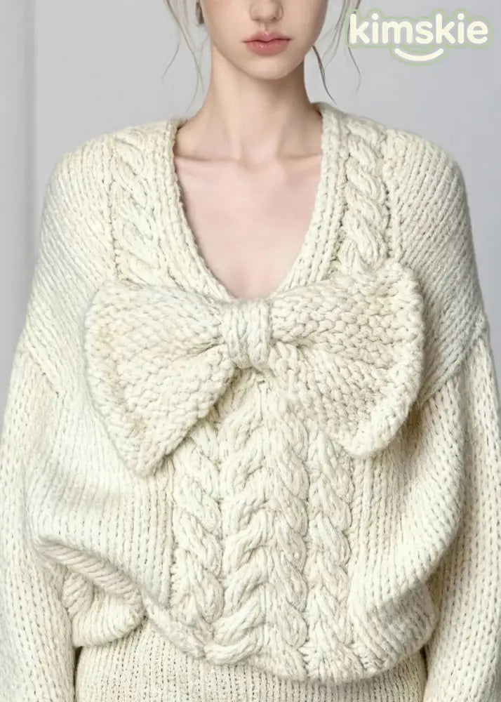 French White O Neck Bow Sweaters And Shorts Knit Two Pieces Set Fall