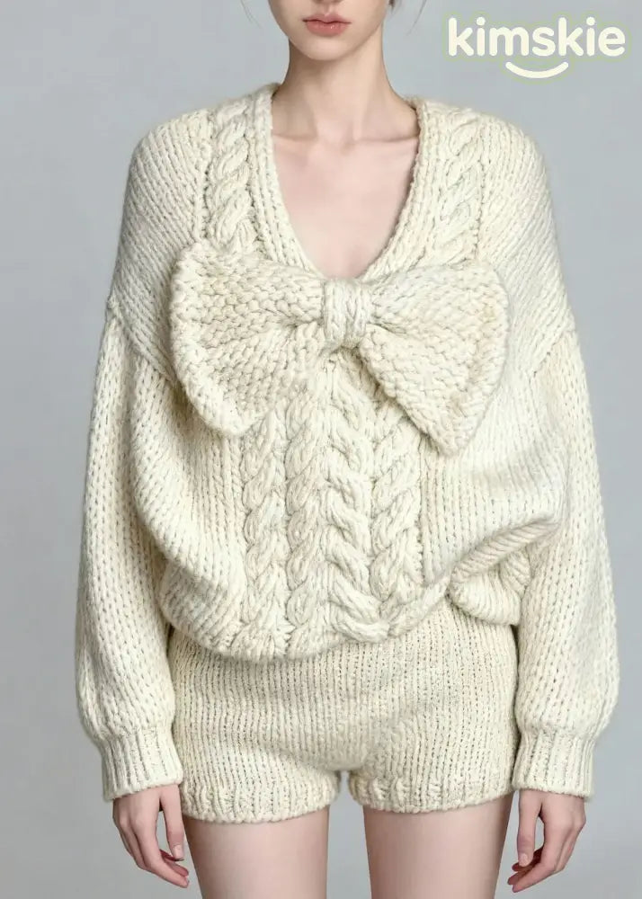 French White O Neck Bow Sweaters And Shorts Knit Two Pieces Set Fall