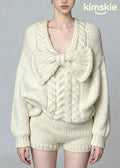 French White O Neck Bow Sweaters And Shorts Knit Two Pieces Set Fall
