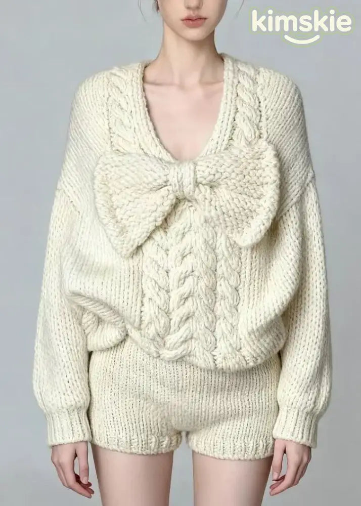 French White O Neck Bow Sweaters And Shorts Knit Two Pieces Set Fall
