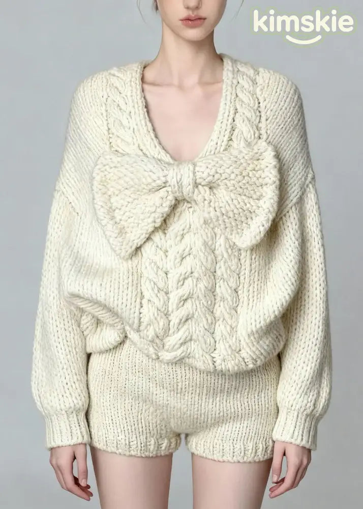 French White O Neck Bow Sweaters And Shorts Knit Two Pieces Set Fall