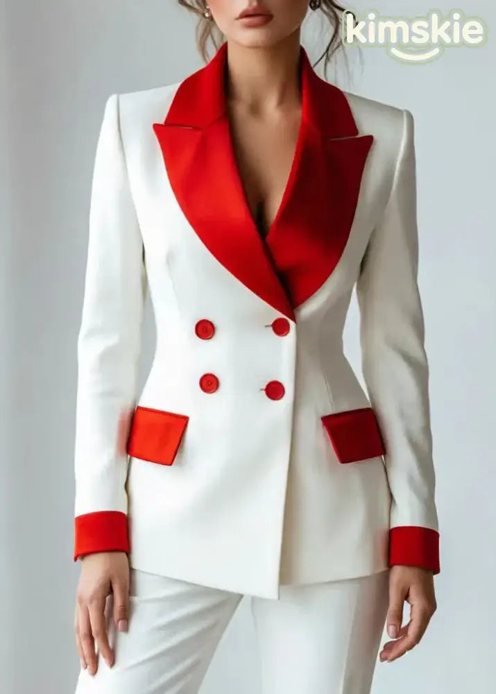 French White Red Colorblock Notched Double Breast Jacket Long Sleeve