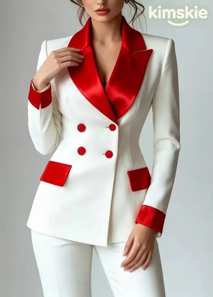French White Red Colorblock Notched Double Breast Jacket Long Sleeve