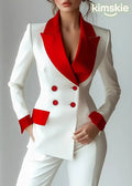 French White Red Colorblock Notched Double Breast Jacket Long Sleeve