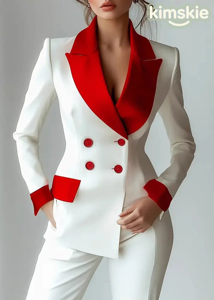 French White Red Colorblock Notched Double Breast Jacket Long Sleeve