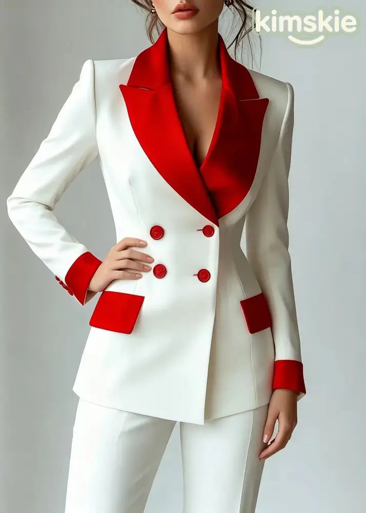 French White Red Colorblock Notched Double Breast Jacket Long Sleeve