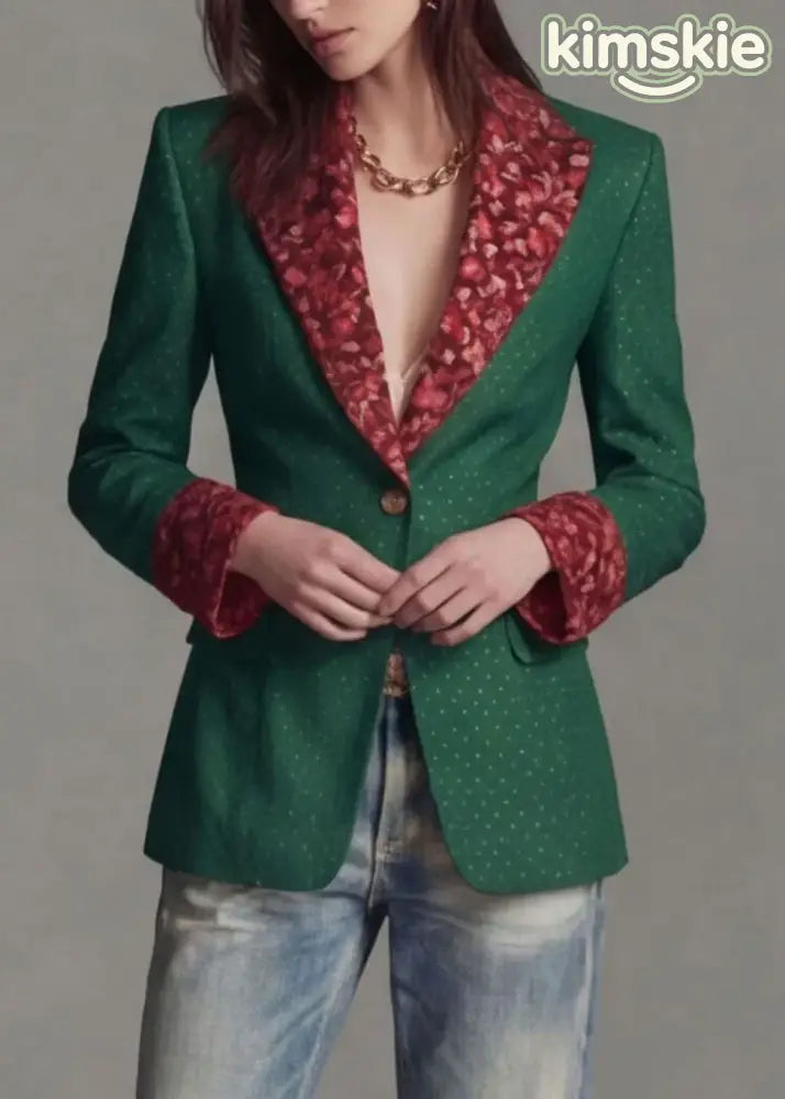 Green Print Patchwork Cotton Suit Coat Peter Pan Collar Fall