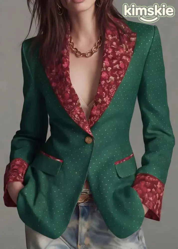 Green Print Patchwork Cotton Suit Coat Peter Pan Collar Fall