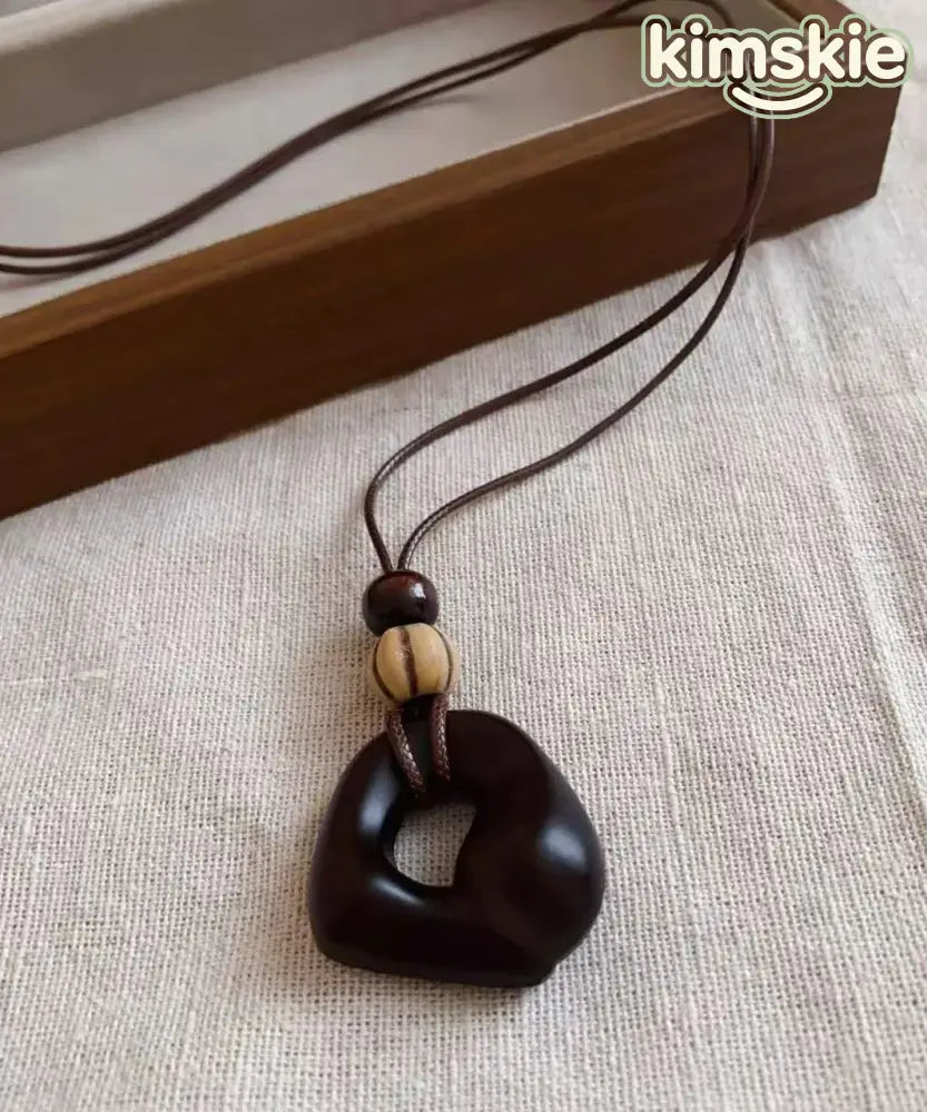 Handmade Brown Leather Patchwork Wooden Hollow Out Pendant Necklace