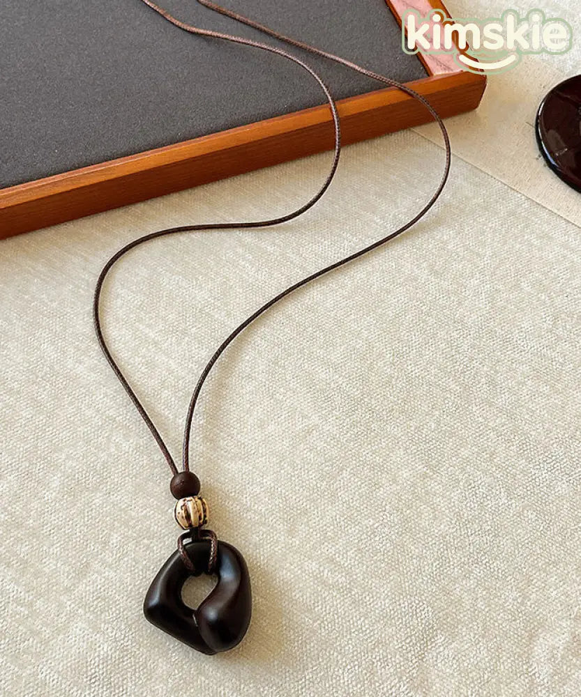 Handmade Brown Leather Patchwork Wooden Hollow Out Pendant Necklace