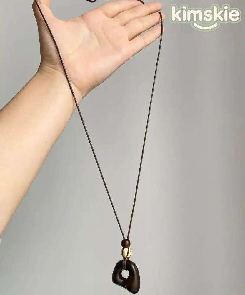 Handmade Brown Leather Patchwork Wooden Hollow Out Pendant Necklace