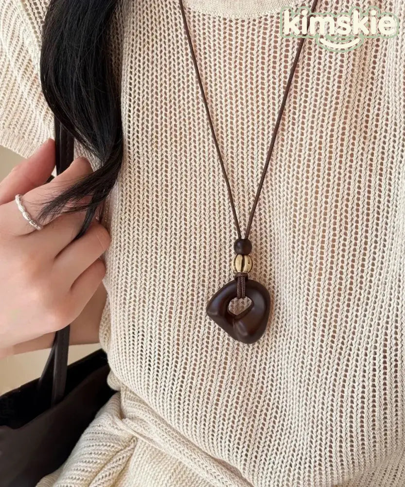 Handmade Brown Leather Patchwork Wooden Hollow Out Pendant Necklace