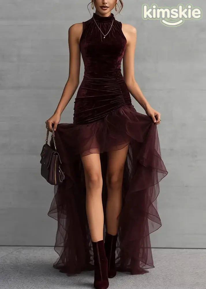 Italian Brown Asymmetrical Tulle Patchwork Velvet Long Dress Sleeveless