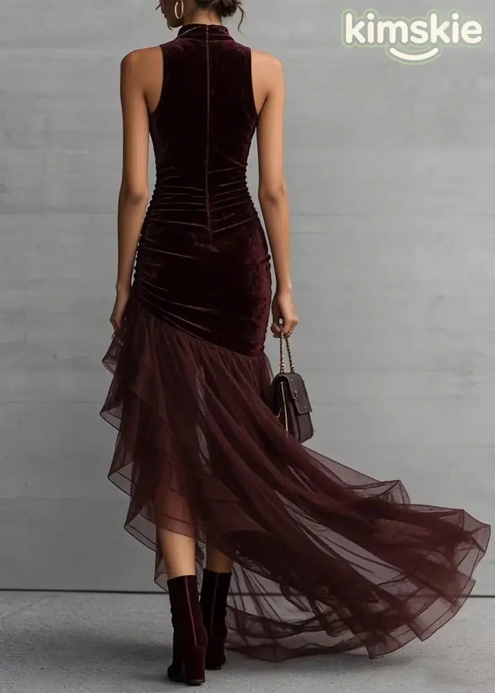 Italian Brown Asymmetrical Tulle Patchwork Velvet Long Dress Sleeveless