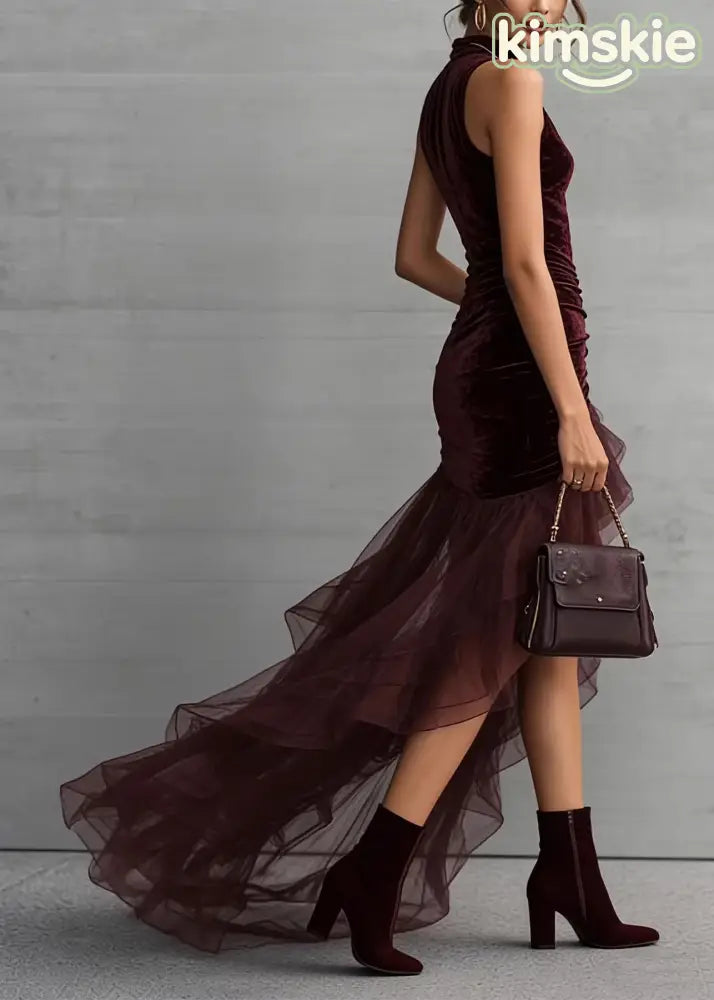 Italian Brown Asymmetrical Tulle Patchwork Velvet Long Dress Sleeveless