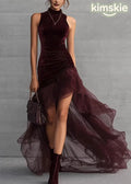 Italian Brown Asymmetrical Tulle Patchwork Velvet Long Dress Sleeveless