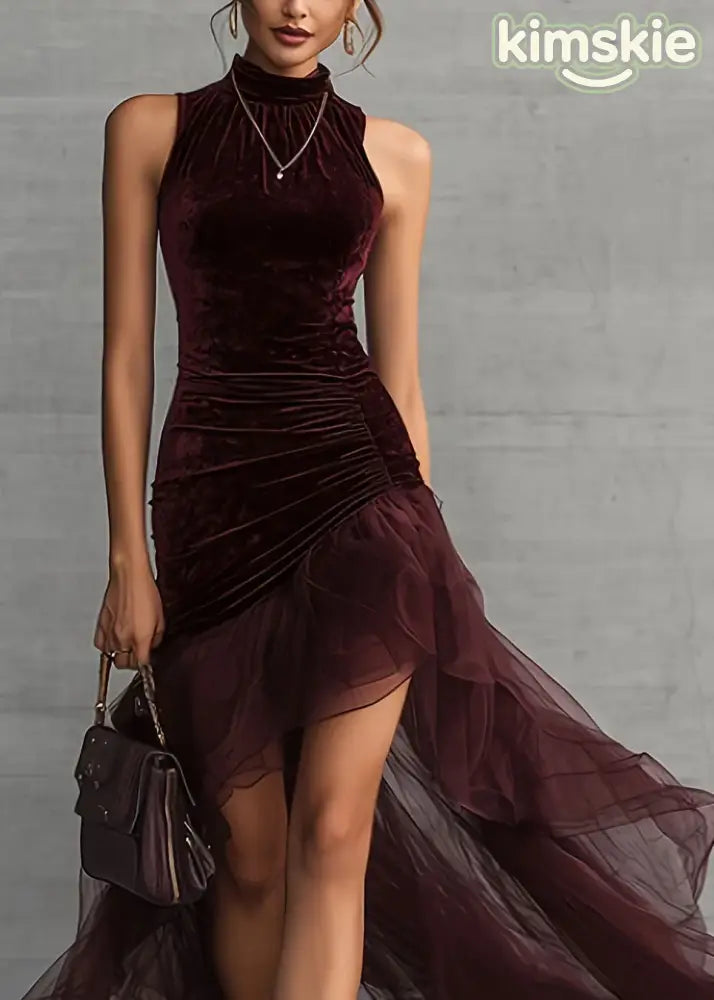 Italian Brown Asymmetrical Tulle Patchwork Velvet Long Dress Sleeveless