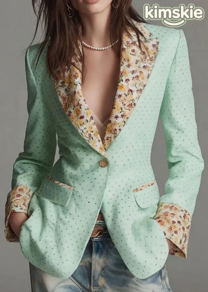 Light Green Dot Print Patchwork Cotton Suit Coat Peter Pan Collar Fall