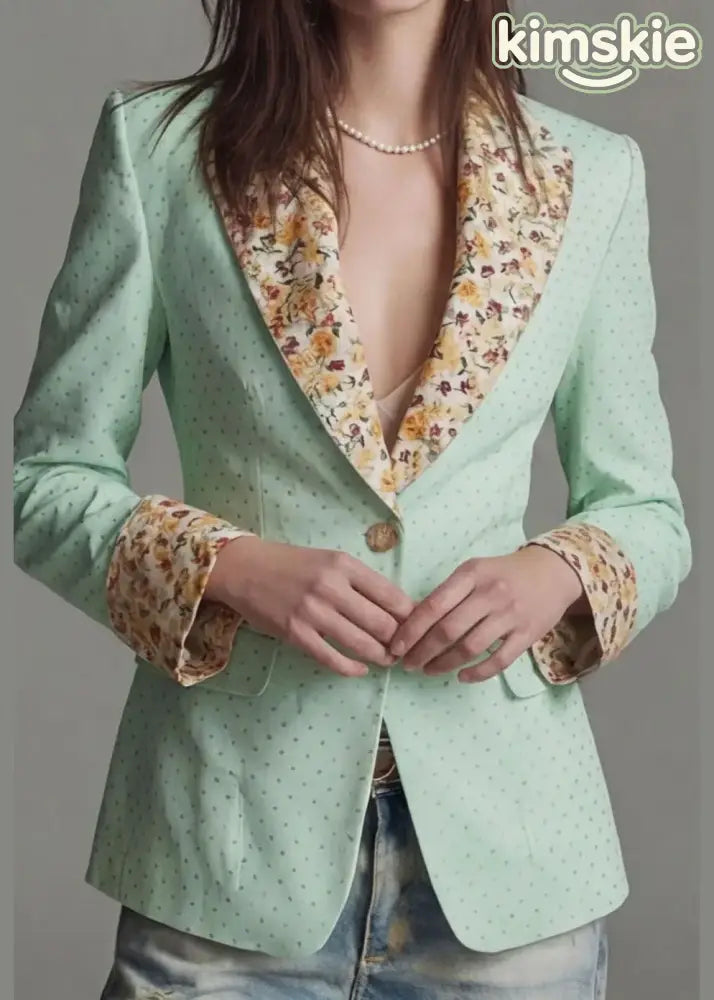 Light Green Dot Print Patchwork Cotton Suit Coat Peter Pan Collar Fall