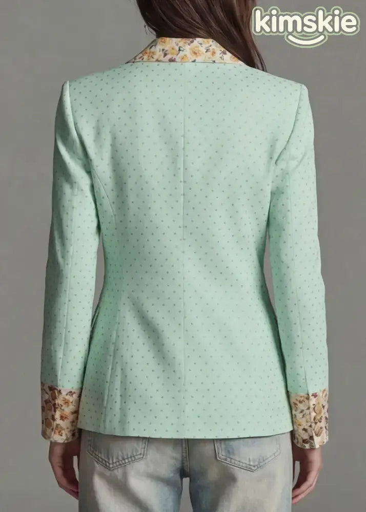 Light Green Dot Print Patchwork Cotton Suit Coat Peter Pan Collar Fall