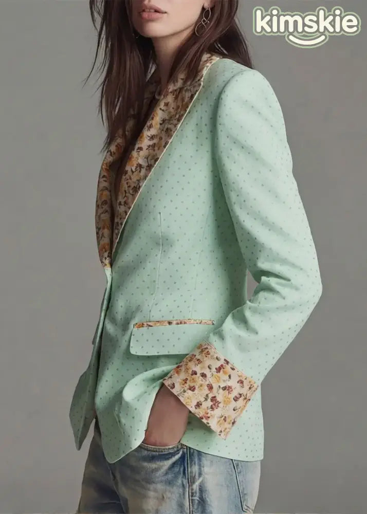 Light Green Dot Print Patchwork Cotton Suit Coat Peter Pan Collar Fall