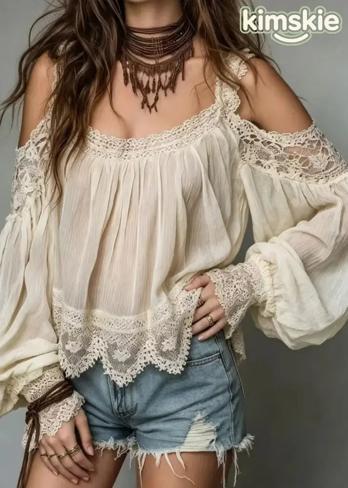 Loose Beige Cold Shoulder Lace Patchwork Top Puff Sleeve