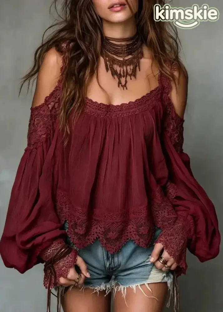 Loose Beige Cold Shoulder Lace Patchwork Top Puff Sleeve