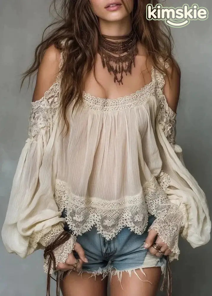 Loose Beige Cold Shoulder Lace Patchwork Top Puff Sleeve